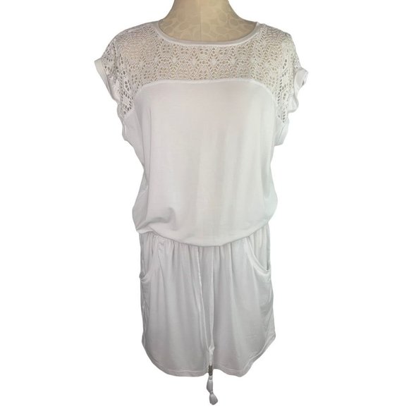 Medium Talbots White Lace Yoke Jersey Knit Pocket Dress - Picture 1 of 8